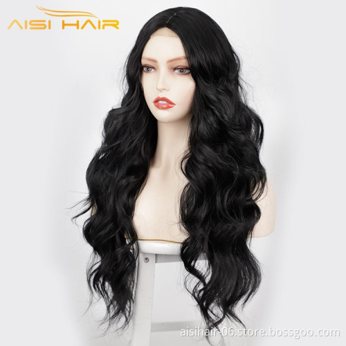Aisi Hair Wholesale Prices Fiber Display Small Lace Long Black Body Wave For Women Synthetic Extensions Hair Wig